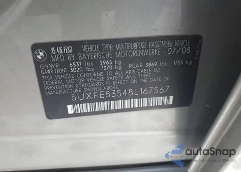 2008 BMW X5 4.8I from USA, damaged, VIN 5UXFE83548L167567